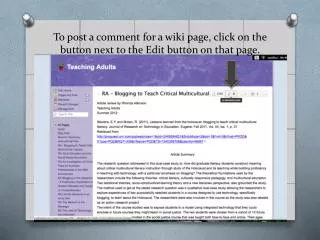 to post a comment for a wiki page click on the button next to the edit button on that page