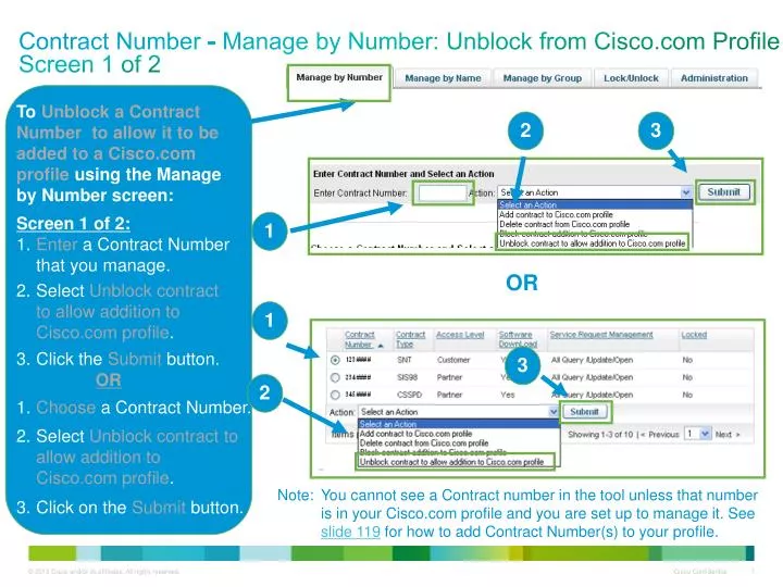 contract number manage by number unblock from cisco com profile screen 1 of 2