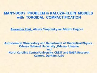 MANY - BODY PROBLEM in KALUZA-KLEIN MODELS with TOROIDAL COMPACTIFICATION