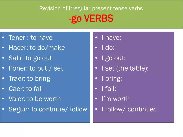 revision of irregular present tense verbs go verbs