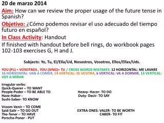 20 de marzo 2014 Aim: How can we review the proper usage of the future tense in Spanish?
