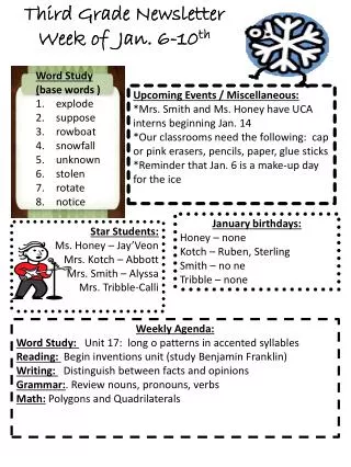 Third Grade Newsletter Week of Jan. 6-10 th