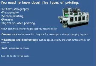 You need to know about five types of printing. Offset Lithography Flexography Screen printing