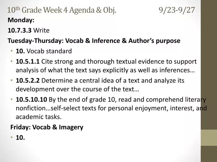 10 th grade week 4 agenda obj 9 23 9 27