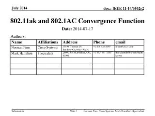 802.11ak and 802.1AC Convergence Function