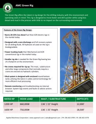 Features of the Green Rig Design: Burns 20-25% less diesel fuel than SCR electric rigs in