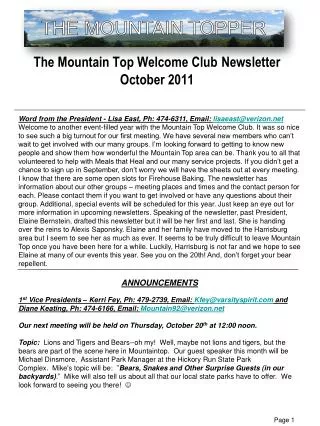 The Mountain Top Welcome Club Newsletter October 2011