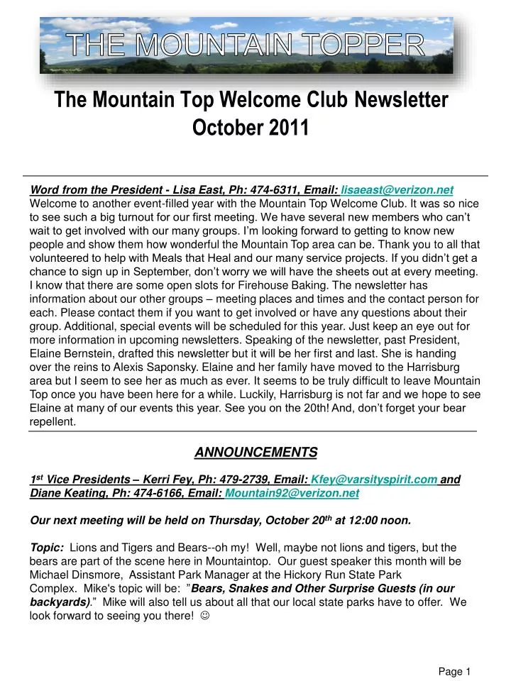 the mountain top welcome club newsletter october 2011