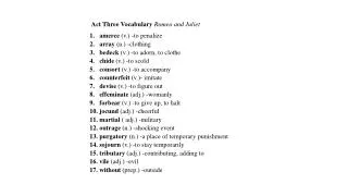 Act Three Vocabulary Romeo and Juliet amerce (v.) -to penalize array (n.) -clothing