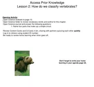 Access Prior Knowledge Lesson 2: How do we classify vertebrates?