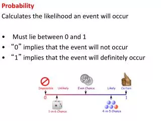 Probability Calculates the likelihood an event will occur Must lie between 0 and 1