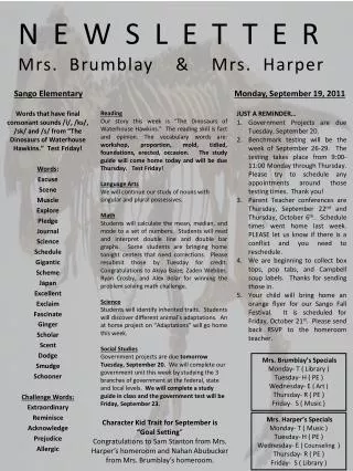 NEWSLETTER Mrs. Brumblay &amp; Mrs. Harper