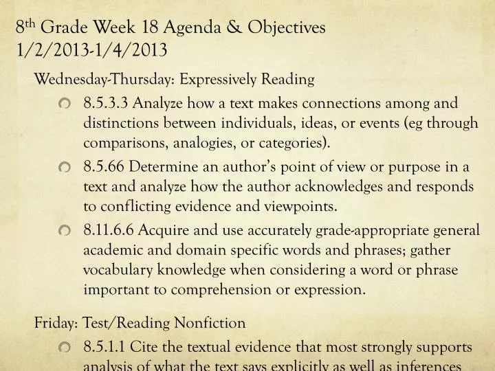 8 th grade week 18 agenda objectives 1 2 2013 1 4 2013
