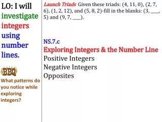 NS.7.c Exploring Integers &amp; the Number Line Positive Integers Negative Integers Opposites