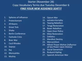 Starter (November 28) Copy Vocabulary Terms due Tuesday December 6 FIND YOUR NEW ASSIGNED SEAT!!!