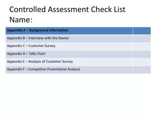 Controlled Assessment Check List Name:
