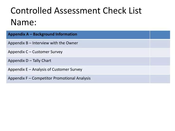 controlled assessment check list name