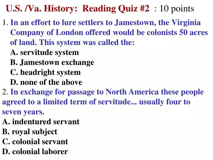 u s va history reading quiz 2 10 points