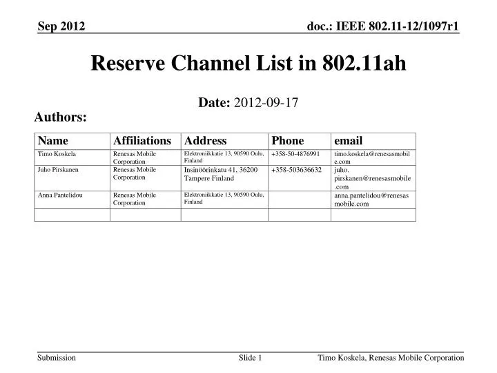 reserve channel list in 802 11ah