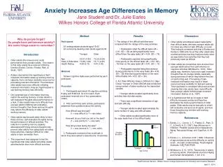 Anxiety Increases Age Differences in Memory Jane Student and Dr. Julie Earles