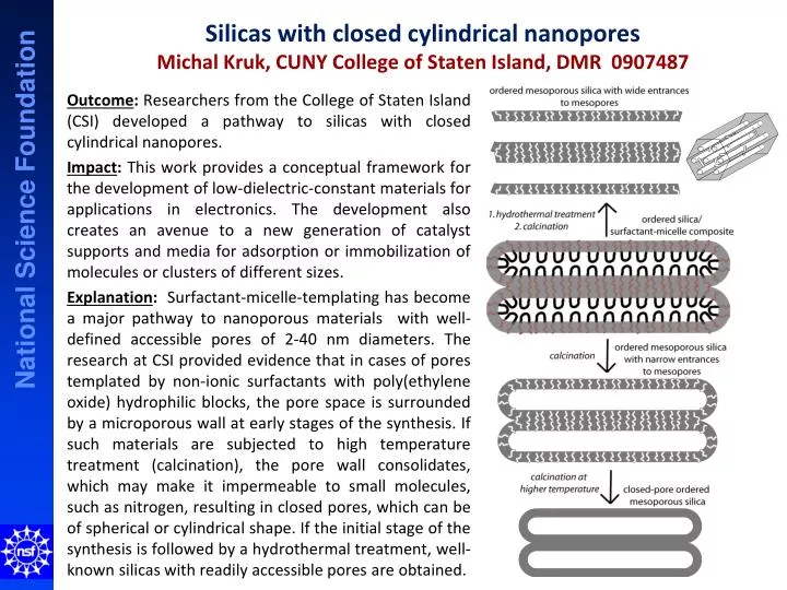 silicas with closed cylindrical nanopores michal kruk cuny college of staten island dmr 0907487