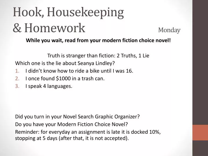 hook housekeeping homework monday