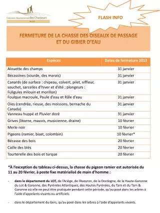 fermeture de la chasse des oiseaux de passage et du gibier d eau