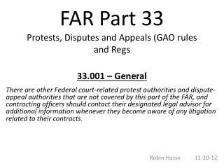 FAR Part 33 Protests, Disputes and Appeals (GAO rules and Regs