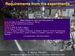 Requirements from the experiments