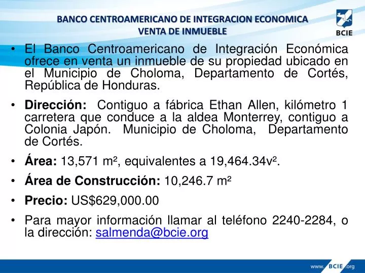 banco centroamericano de integracion economica venta de inmueble