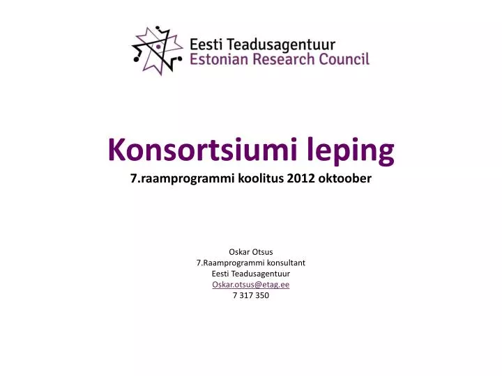 konsortsiumi leping 7 raamprogrammi koolitus 2012 oktoober
