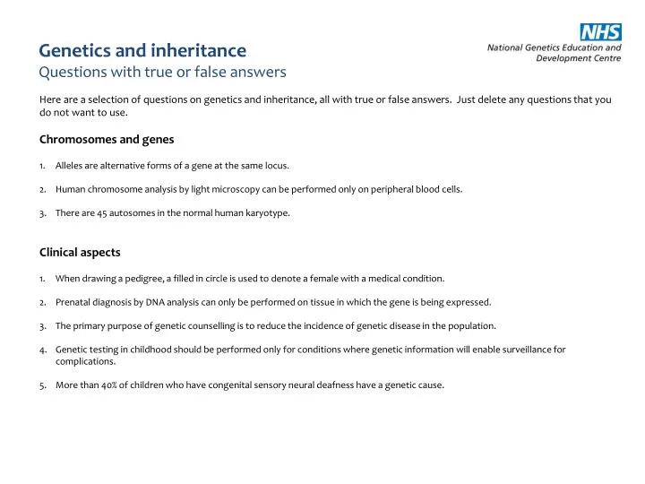 genetics and inheritance questions with true or false answers