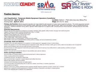 Position Opening Page 1 Job Classification: Temporary Mobile Equipment Operators (2 positions)