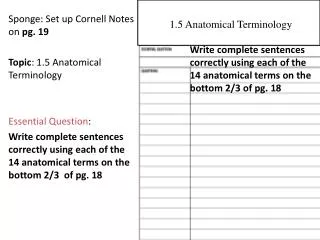 Sponge: Set up Cornell Notes on pg. 19 Topic : 1.5 Anatomical Terminology Essential Question :