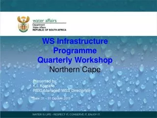 WS Infrastructure Programme Q uarter ly Workshop Northern Cape Presented by : K.I. Kgarane