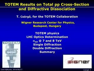 TOTEM R esults on T otal pp Cross-Section and Diffractive Dissociation