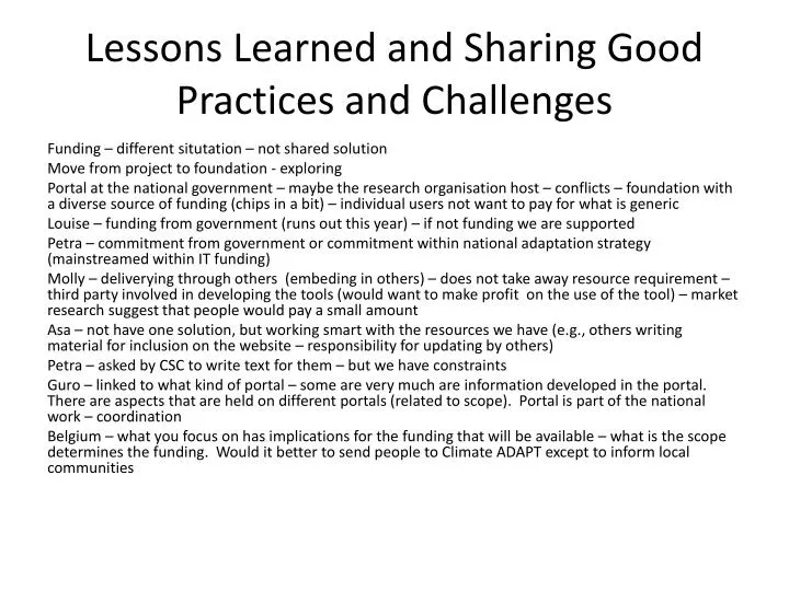 lessons learned and sharing good practices and challenges