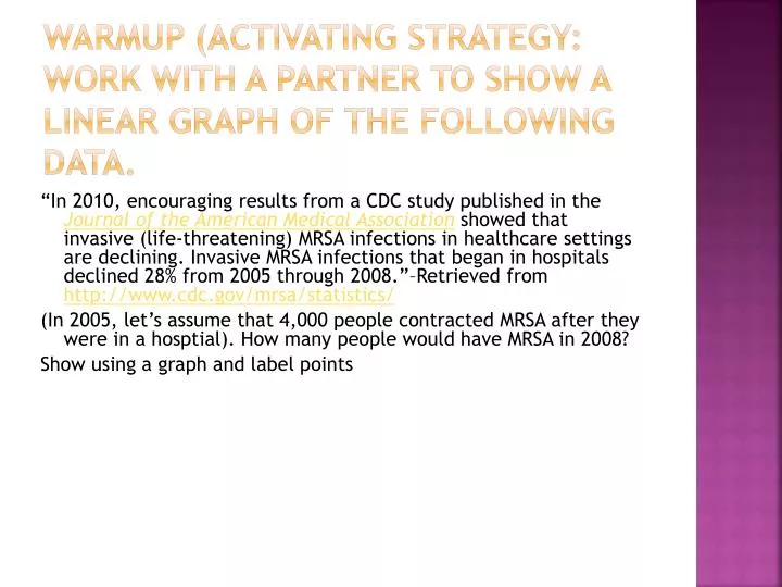 warmup activating strategy work with a partner to show a linear graph of the following data