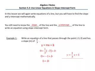 Algebra I Notes Section 5.2: Use Linear Equations in Slope-Intercept Form
