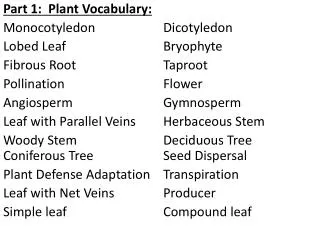 Part 1: Plant Vocabulary: Monocotyledon 	 Dicotyledon Lobed Leaf 		 	Bryophyte