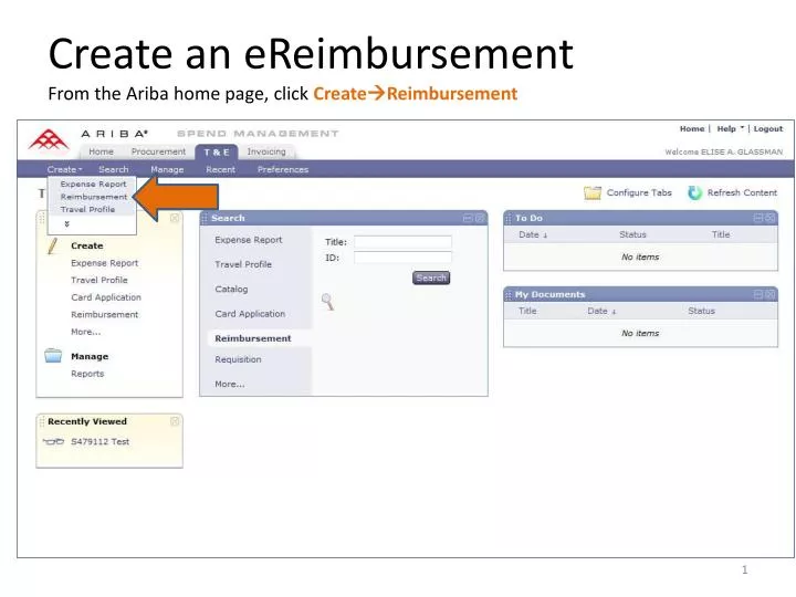 create an ereimbursement from the ariba home page click create reimbursement