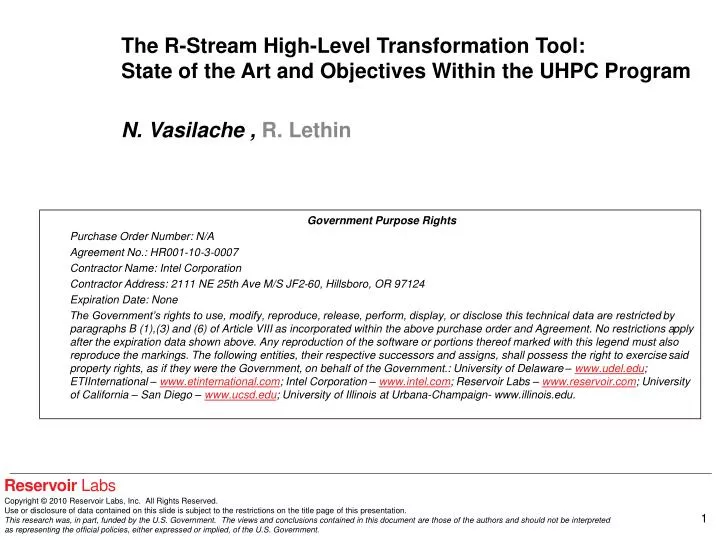 the r stream high level transformation tool state of the art and objectives within the uhpc program