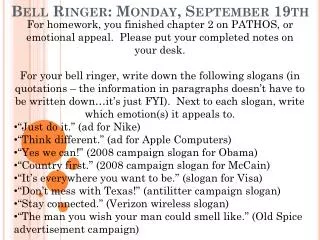 Bell Ringer: Monday, September 19th