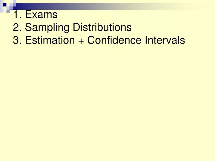 1 exams 2 sampling distributions 3 estimation confidence intervals