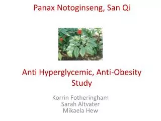 Panax Notoginseng , San Qi Anti Hyperglycemic, Anti-Obesity Study