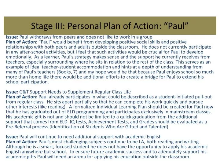 stage iii personal plan of action paul