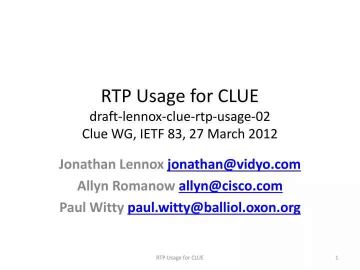 rtp usage for clue draft lennox clue rtp usage 02 clue wg ietf 83 27 march 2012