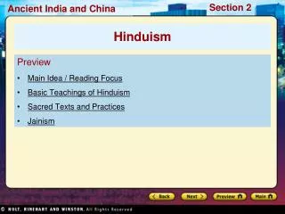 Preview Main Idea / Reading Focus Basic Teachings of Hinduism Sacred Texts and Practices Jainism
