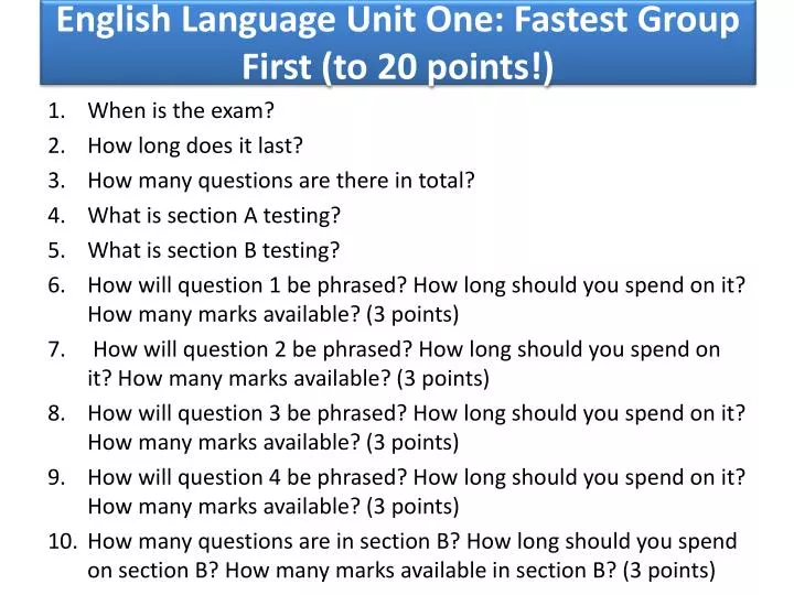 english language unit one fastest group first to 20 points