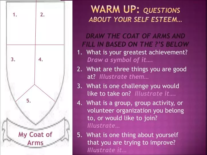 warm up questions about your self esteem draw the coat of arms and fill in based on the s below